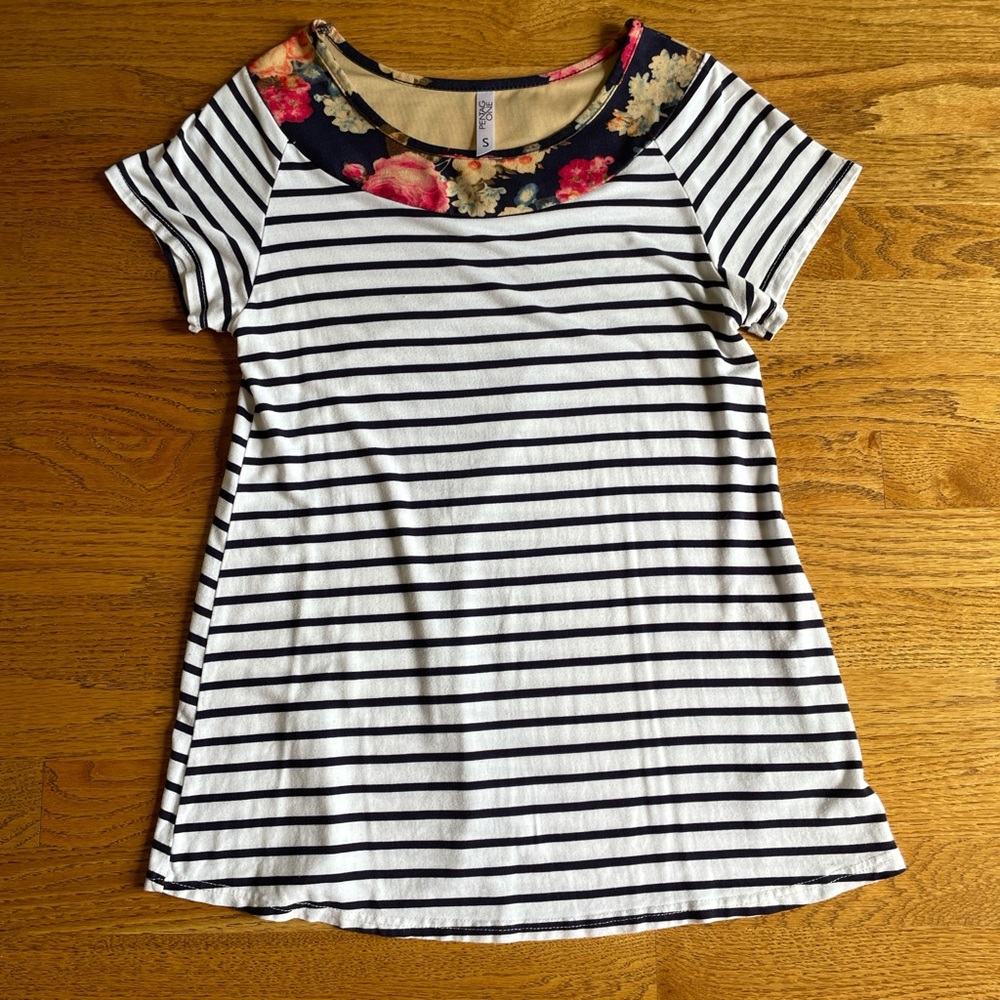 Striped Short Sleeve Top with Floral Accent Collar